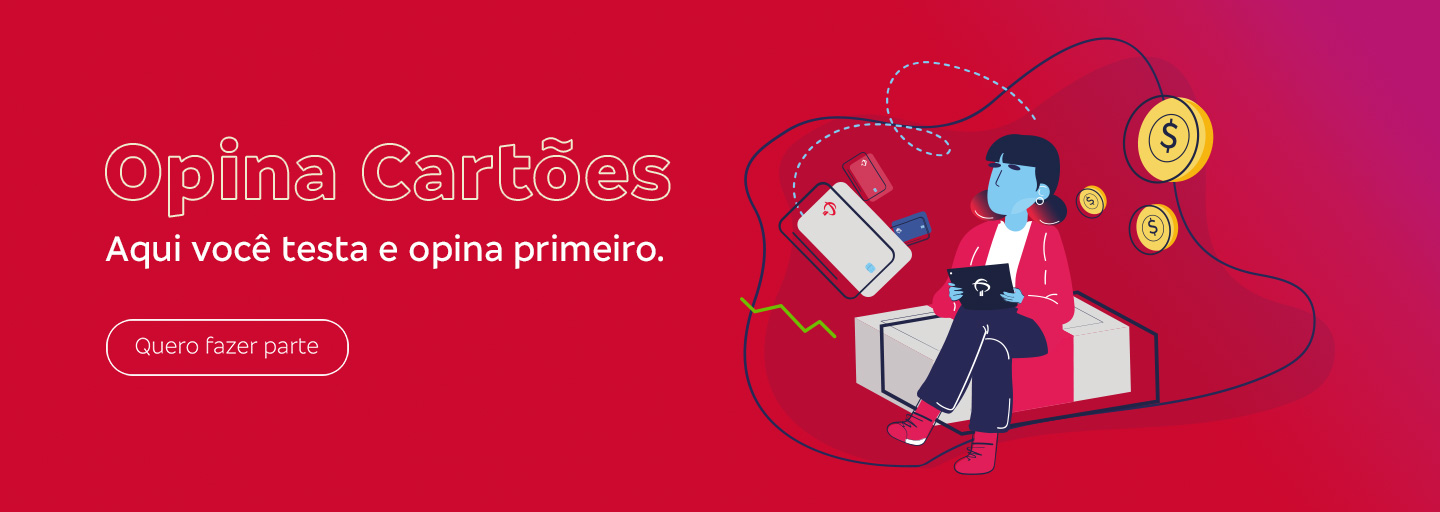 #BradescoAcessivel #ParaTodoMundoVer: em um fundo vermelho, do lado direito lemos o seguinte texto: “Opina Cartões. Aqui você testa e opina primeiro.” Abaixo, temos o botão “Quero fazer parte”. Do lado direito vemos a ilustração de uma mulher sentada em uma caixa com desenhos de cartões e moedas flutuando ao seu redor. Fim da descrição.