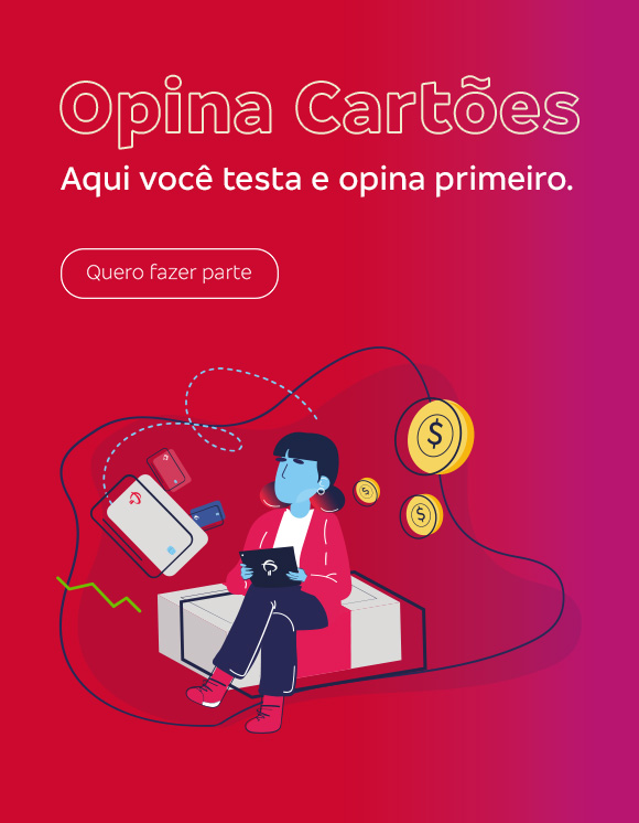 #BradescoAcessivel #ParaTodoMundoVer: em um fundo vermelho, do lado direito lemos o seguinte texto: “Opina Cartões. Aqui você testa e opina primeiro.” Abaixo, temos o botão “Quero fazer parte”. Do lado direito vemos a ilustração de uma mulher sentada em uma caixa com desenhos de cartões e moedas flutuando ao seu redor. Fim da descrição.