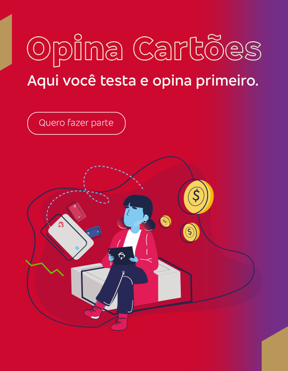 #BradescoAcessivel #ParaTodoMundoVer: em um fundo vermelho que termina em tons arroxeados do lado esquerdo, do lado direito lemos o seguinte texto: “Opina Cartões. Aqui você testa e opina primeiro.”.  Abaixo, temos o botão “Quero fazer parte”. Do lado direito vemos a ilustração de uma mulher sentada em uma caixa com desenhos de cartões e moedas flutuando ao seu redor. Fim da descrição.