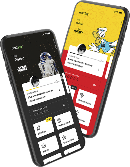 dois celulares sobrepostos mostrando a página inicial da conta next joy